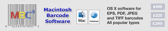 MBC4 produces PDF, EPS, JPEG and TIFF barcodes on Mac OS X. Supported barcode symbologies include EAN UPC ITF ISSN ISBN Code 39 Code 128 Codabar and postal barcodes.