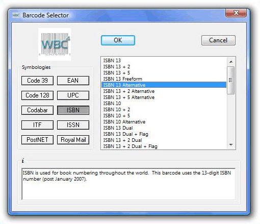 The Barcode Selector lets you choose from 200 barcode types.