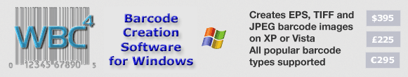 WBC4 is a barcode maker for Windows XP or Vista. It creates EAN UPC ITF ISBN ISSN Code 128 Code39 and postal barcodes as EPS, TIFF or JPEG files.