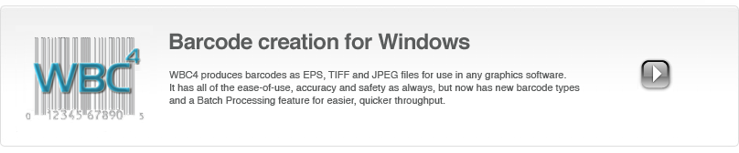 The WBC4 barcode software creates EPS, TIFF and JPEG barcodes for use in your XP, Windows 7 or Vista graphics applications. All popular barcode types are supported including UPC, EAN, ISBN, ISSN, Code128, EAN/UCC128, ITF, Code 39 and Codabar. GS1 barcode options such as GTIN, GS1-128 and SSCC are supported. Batch Processing for barcode creation from an external text or database file or incrementing sequence.